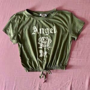 Olive Green “Angel” Cropped Elastic Graphic Tee by Ruby & Lace